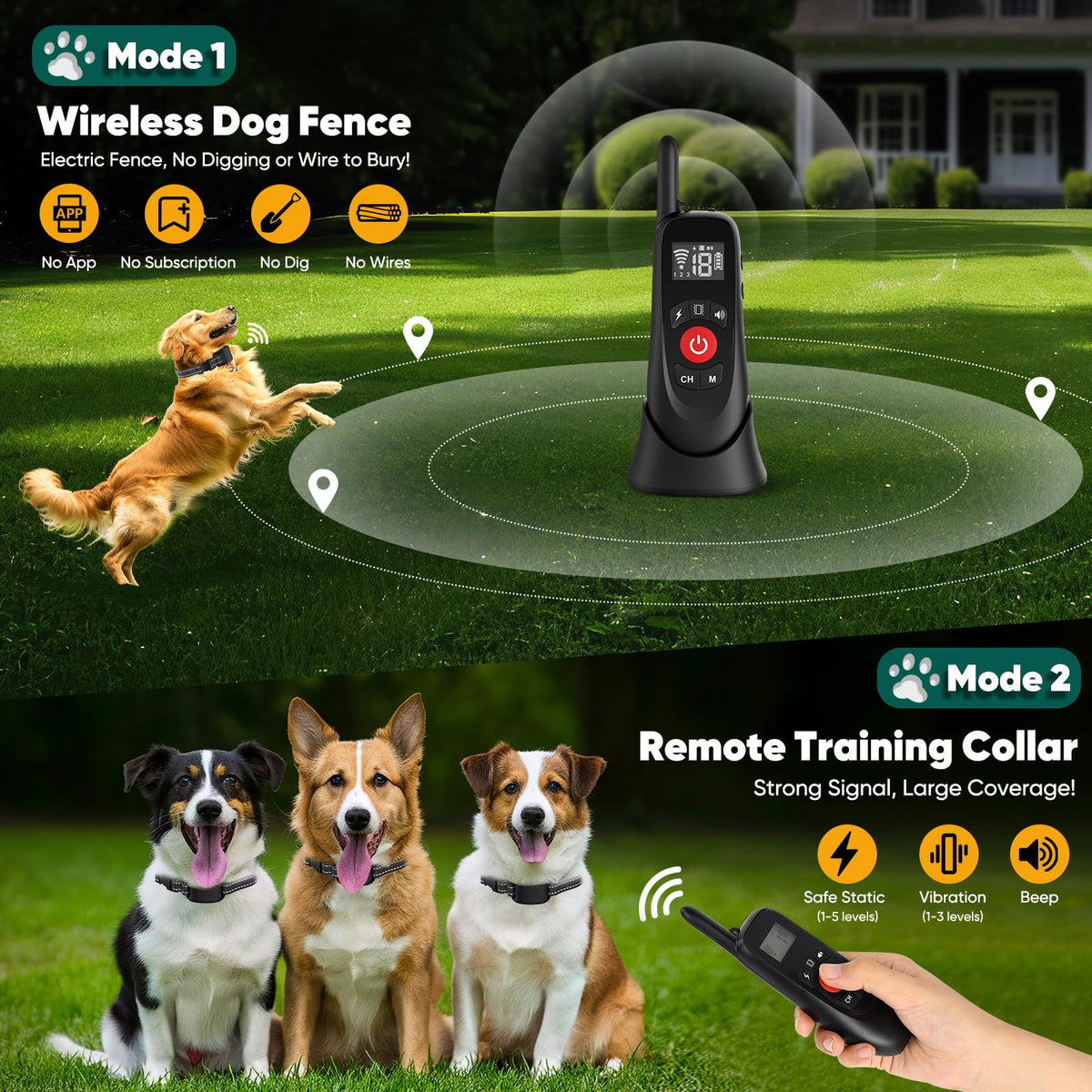 howfateam Wireless Dog Fence Collar, Electric Dog Fence & Remote Training Collar, Magnetic Charging Base, Portable Outdoor Wireless for Yards, Adjustable for Small Medium Large Dogs