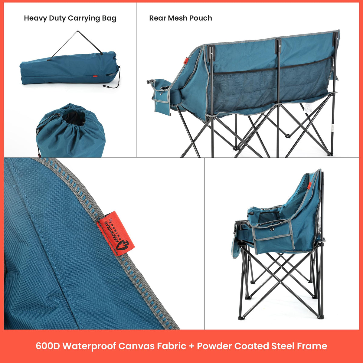 ARROWHEAD OUTDOOR 57" Wide Duo Foldable Heated Camping Loveseat Chair with 3-Stage Heating, Large Cup Holders, Glass Holders, Side Pockets, and Storage Pouches - Blue and Grey