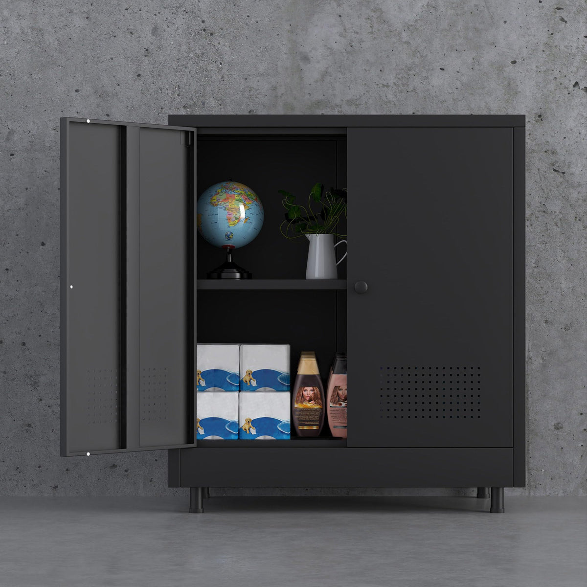 JINKUR Metal Storage Cabinet with 2 Doors and Adjustable Shelf, Steel Accent Sideboard Buffet Cabinet for Home, Office, Garage, Entryway, Living Room, Kitchen Pantry and Dining Room (Black)