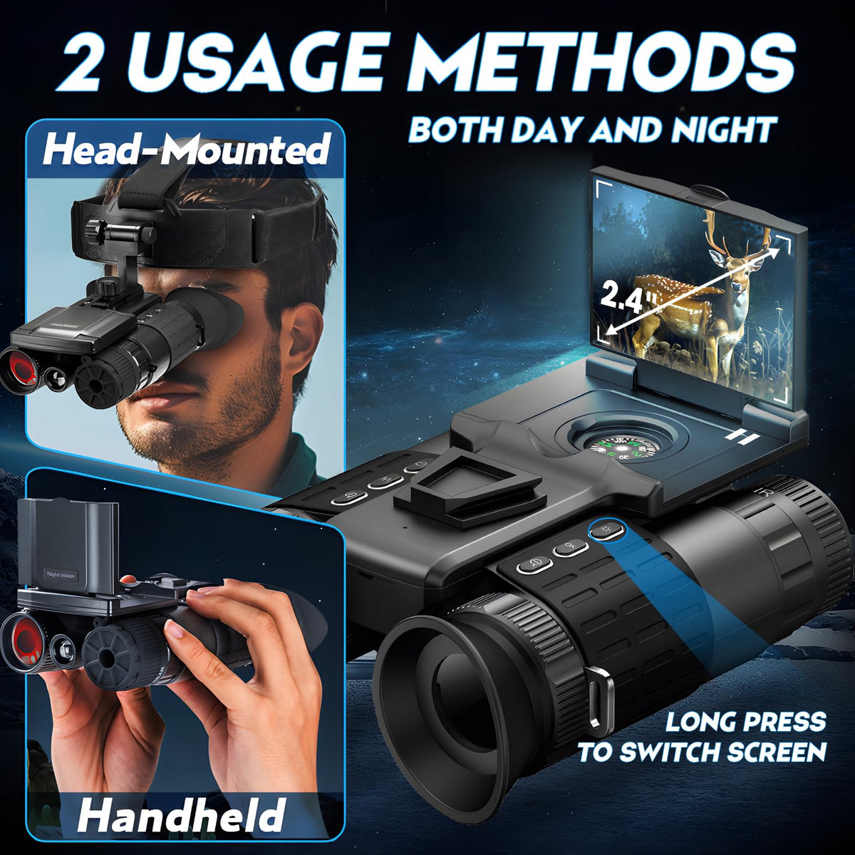 Head Mounted Night Vision Goggles with Screen for Adults 2000FT - 4K Night Vision Binoculars, Infrared Goggles with 64GB Card with Flashlight 8X Digital Zoom Outdoor Exploration Camping