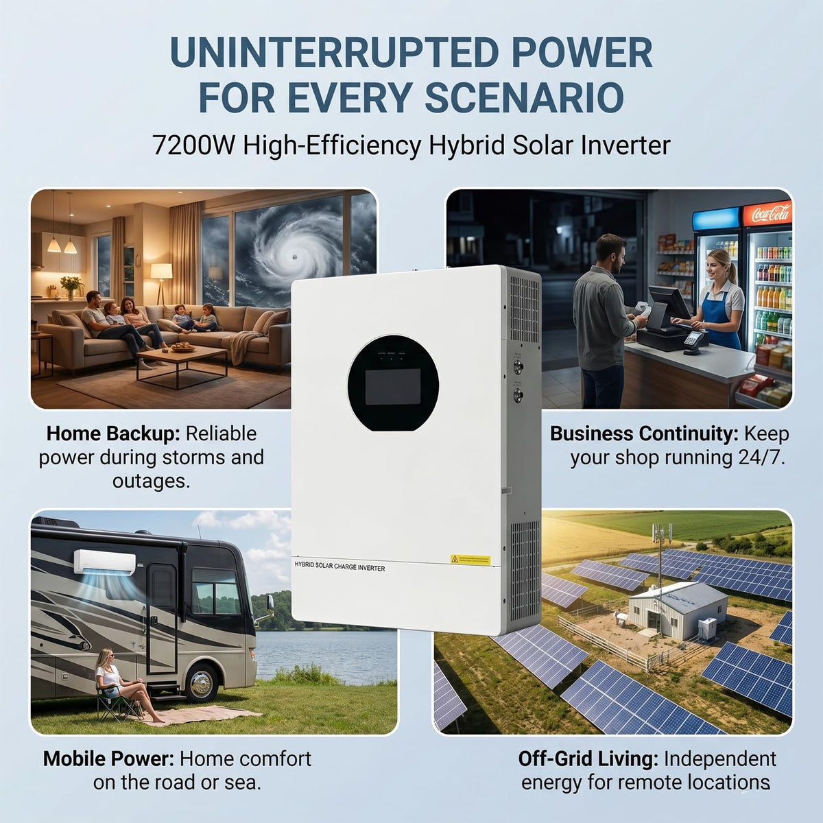 7200W Split-Phase Hybrid Solar Inverter, 120V/240V, 150A Dual MPPT, 48V Battery, UL Certified for Home Backup