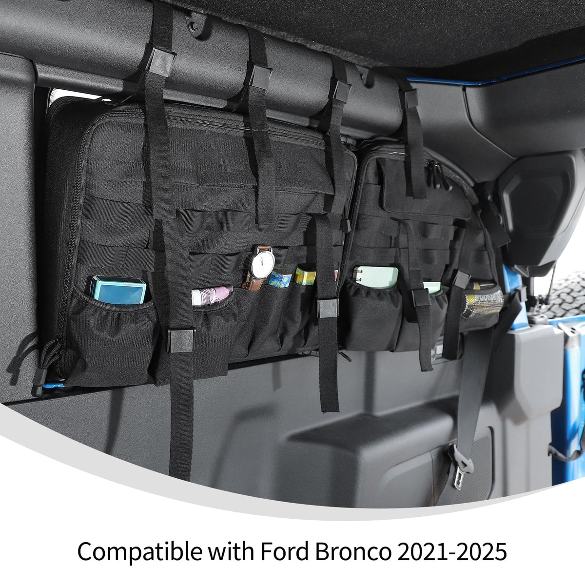Linskip TrunkMate Roll Bar Organizer for Ford Bronco 2021-2025, Roll Bar Storage Bag for 2 Door Bronco Trunk Accessories, Durable Molle Webbing + Convenient Storage Pocket Piar