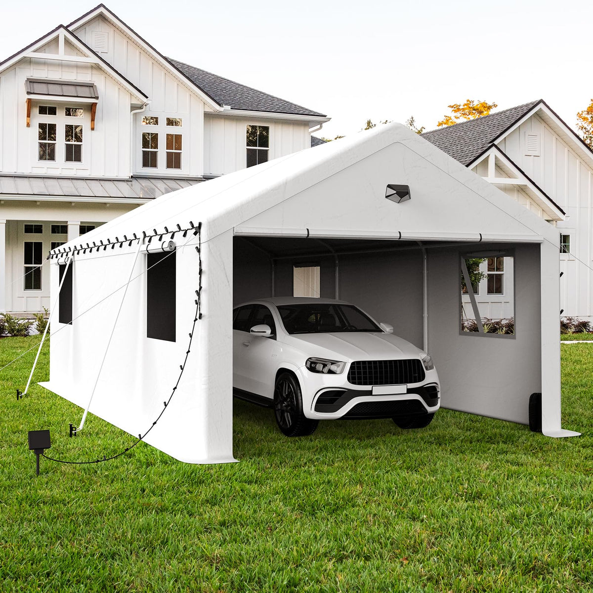 Benass 13x25 FT Heavy Duty Carport Canopy, Drive-Through Portable Garage with Roll-up Doors, Screened Windows, Removable Sidewalls, All-Weather Waterproof Shelter for SUV, Boat & Outdoor Storage