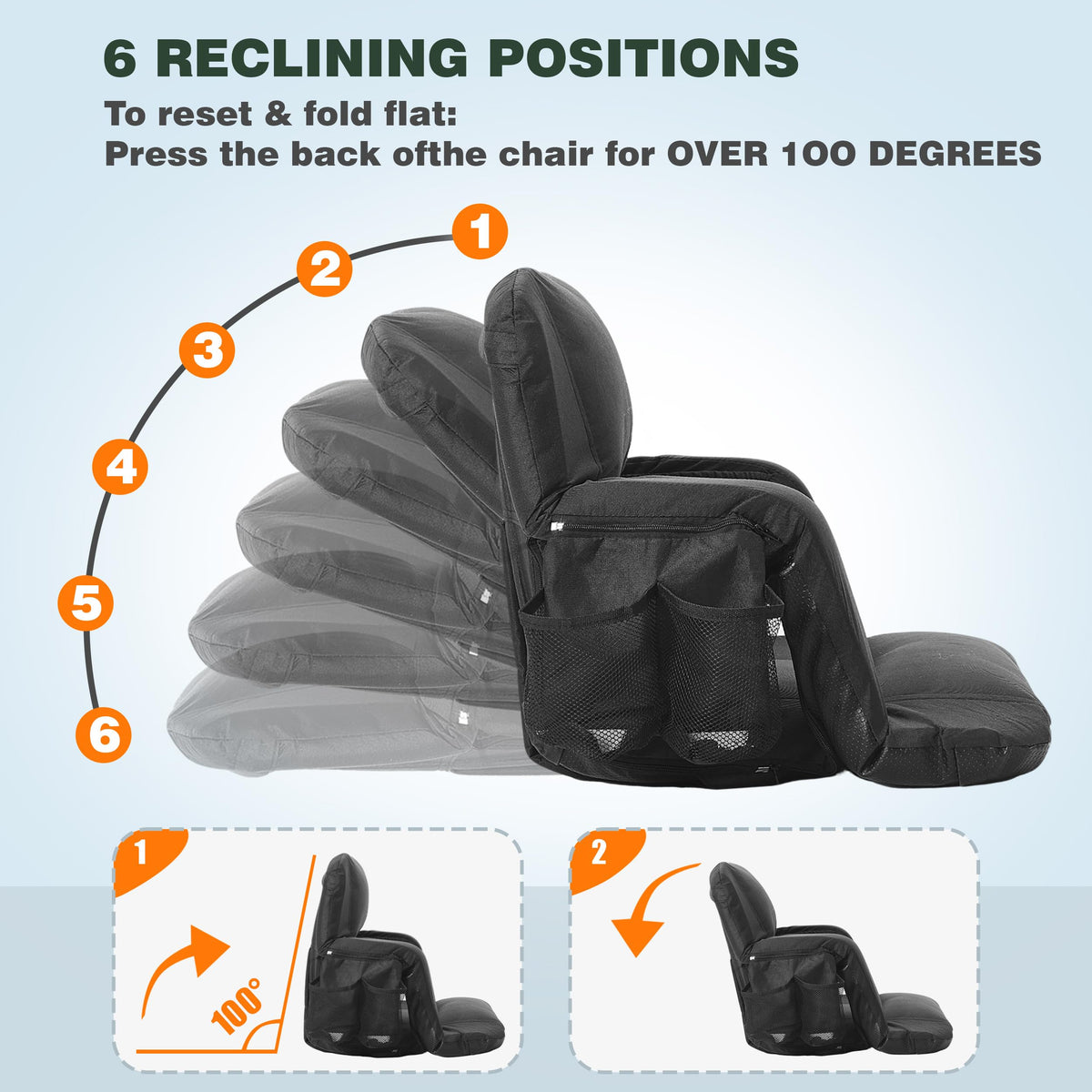 SUNNYFEEL Stadium Seat with Back Support Thick Cushion 6 Reclining Positions 264lbs Capacity Sofa Style Design with Side Pockets for Camping Beach Picnic Sports
