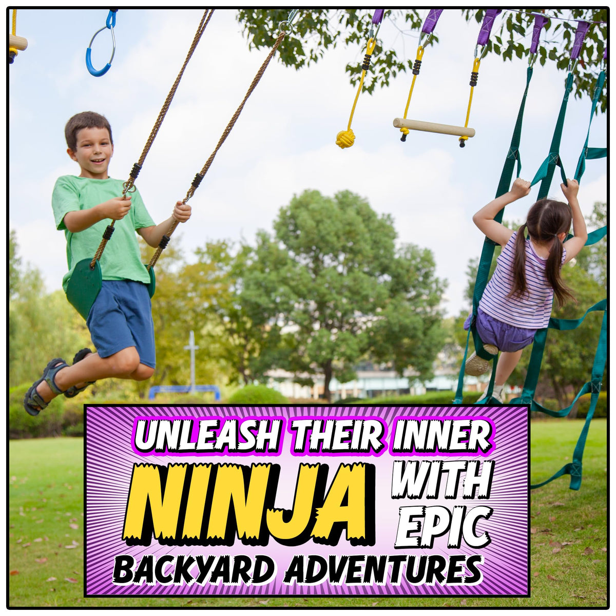 Trailblaze Ninja Warrior Obstacle Course for Kids - Ultimate Outdoor Fun 2x55 Ft Ninja Slackline Climbing Net Rope Ladder Trapeze Swing Monkey Bars - Durable and Safe Ninja Course for Kids Outside