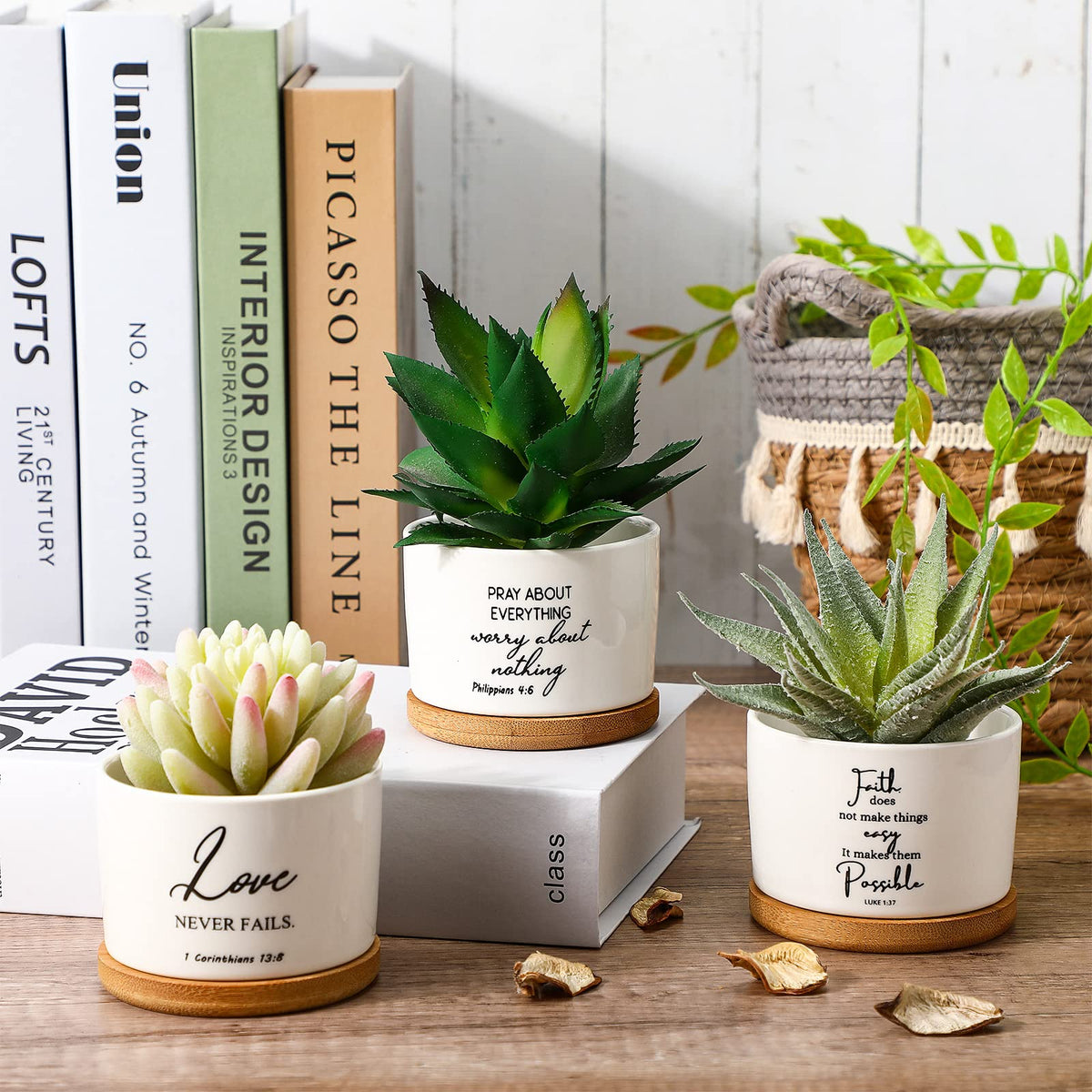 Sieral 6 Pcs Bible Verse Succulent Pots White Ceramic Flower Planter with Bamboo Tray Small Pots Christian Gift Succulent Planters for Patio Garden 3 x 3 x 2 Inch, Plants Not Included(Bible Style)
