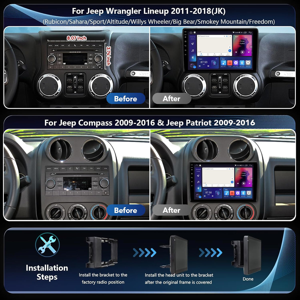 8Core 4+64GB Android 13 Car Radio Stereo for Jeep Wrangler JK Compass Grand Cherokee Dodge Ram, 10.2" QLED HD Touch Screen Head Unit with Carplay/Android Auto/5GHz WiFi/DSP/1080P Backup Camera/AM & FM