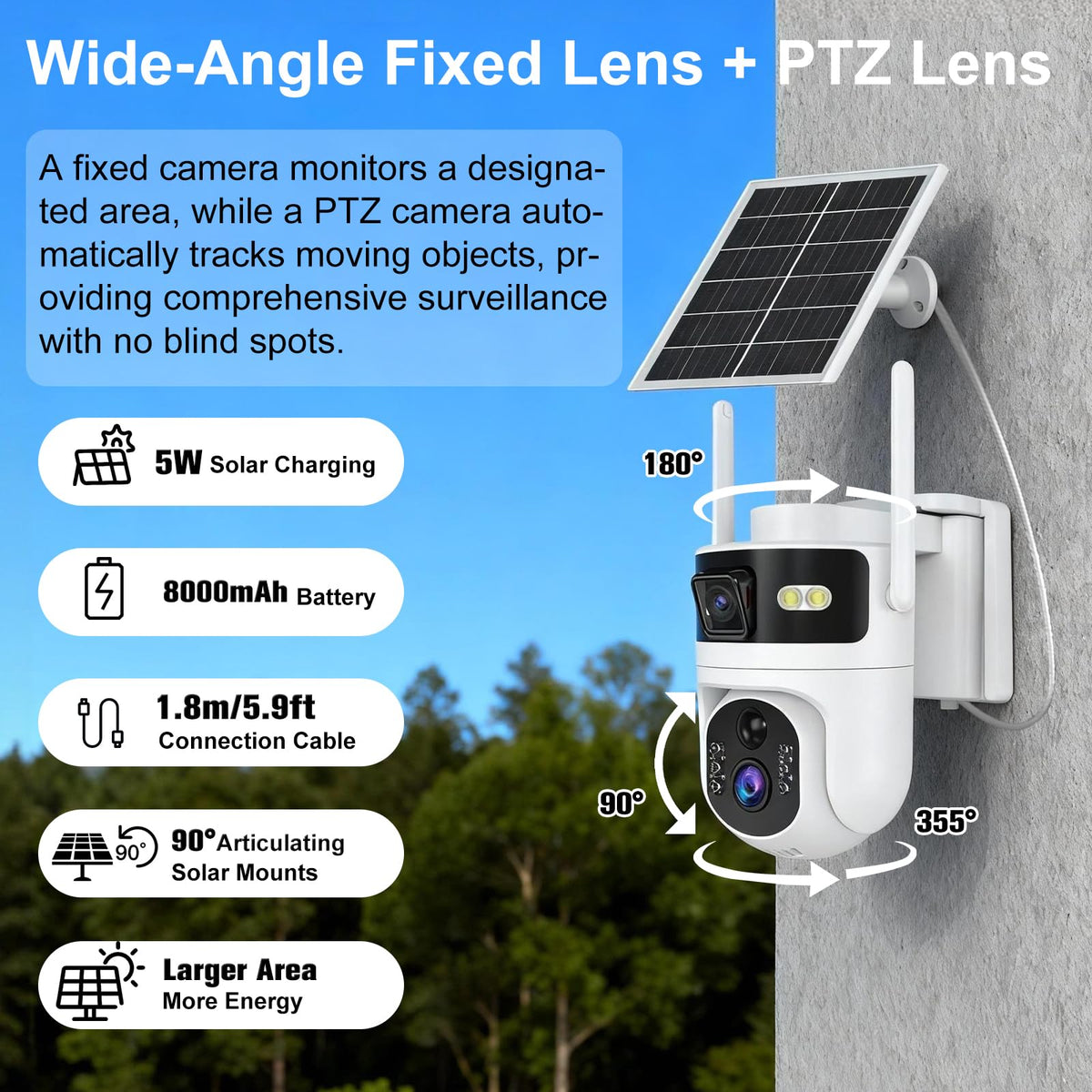 CUUKSHKN Dual Lens 4G LTE Cellular Security Camera Wireless Outdoor,365 Day Free Unlimited Data,No WiFi Solar Powered,360°Auto Tracking,2K Color Night Vision,PTZ Motion Dtetection,Tuya Smart Camera