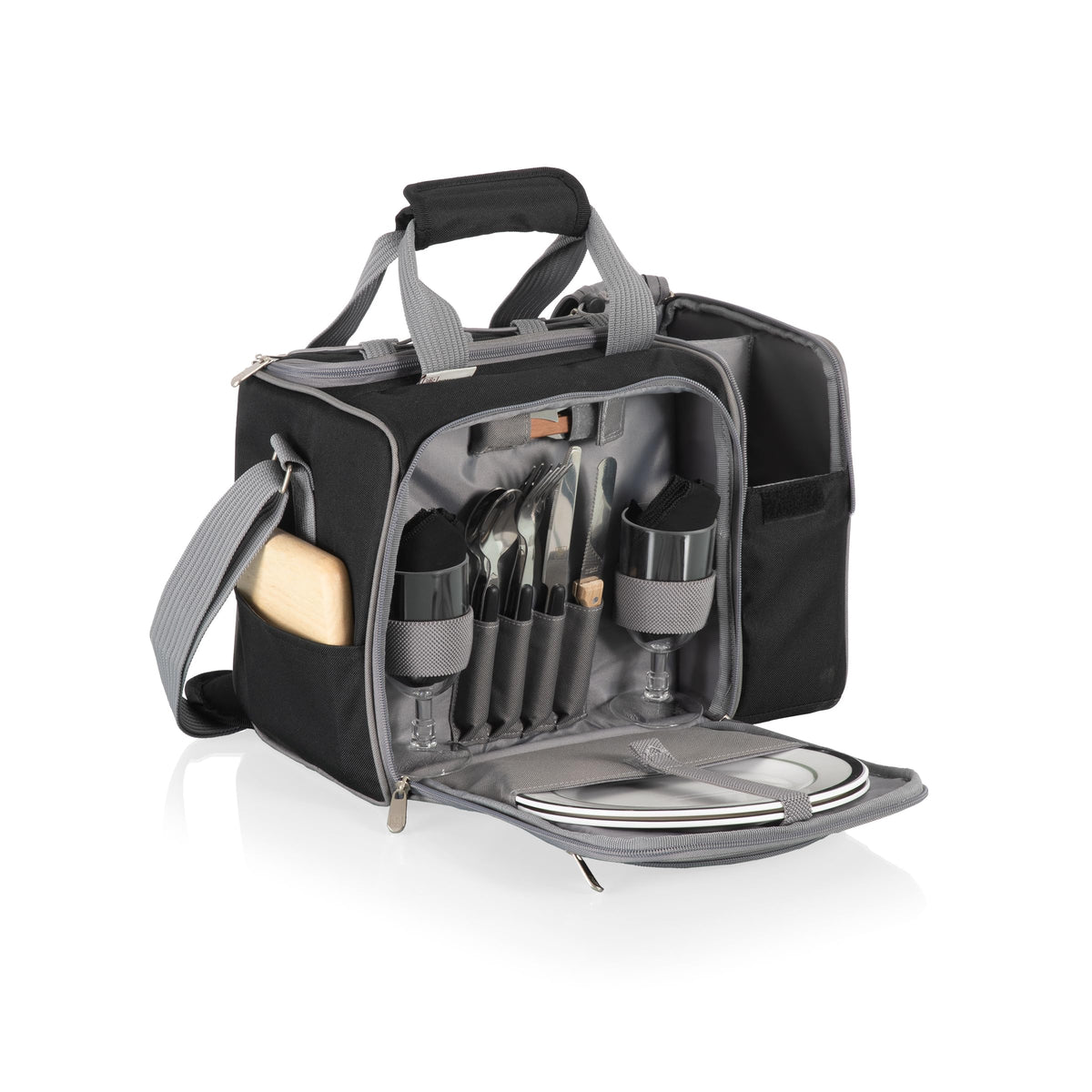 PICNIC TIME Malibu Picnic Basket Cooler, Full Service Lunch Bag for 2, Easy Carry Modern Cooler Bag, Water-Resistant Insulated Lunchbag with Shoulder Strap, (Heathered Gray with Black Accents)