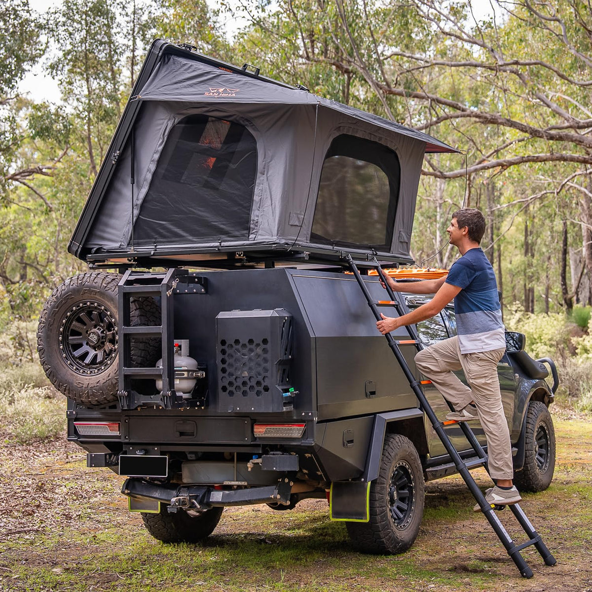 SanHima Rooftop Tent Hard Shell - Hotham Side Overland Aluminium Roof Top Tent Side-Open Design, Larger Space, Tri-Color LED Light & Skyview Window, for 2-3 People Car SUV Truck Camping