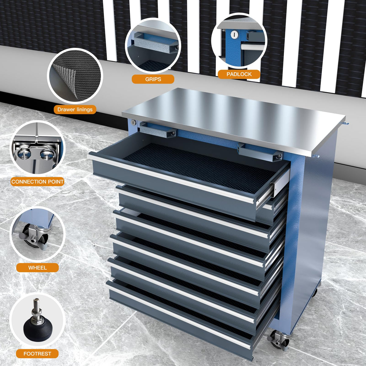LARBANKE 3 Different Types Tool Chest Combination,Rolling Tool Chest with Stainless Countertop,Tool Cabinet with Connection Buckle,Wheels and Foot Pads,Portable Tool Box Inside