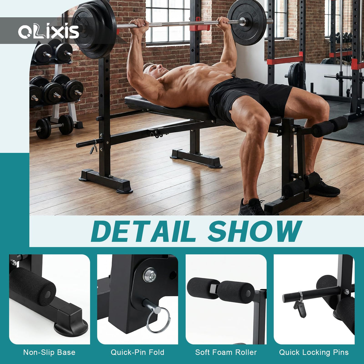 OLIXIS Adjustable Weight Bench Set with Rack, 650 LBS Capacity Heavy Duty Foldable Bench Press Set with Leg Extension Curl, Easy Assembly Strength Training Workout Set for Garage, Home, Gym