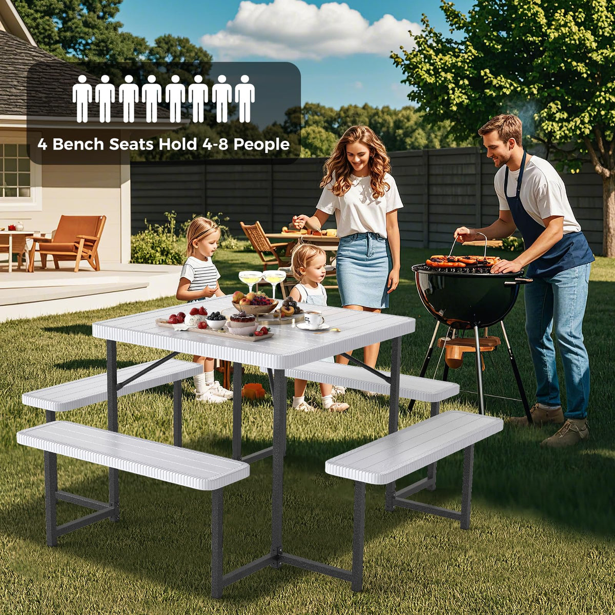 Giantex Picnic Table Bench Set for 4-8 People, 34" Outdoor Square Dining Table & 2 Benches w/Umbrella Hole, HDPE Tabletop, Metal Frame, Patio Camping Furniture for Backyard Porch Lawn (White,Square)