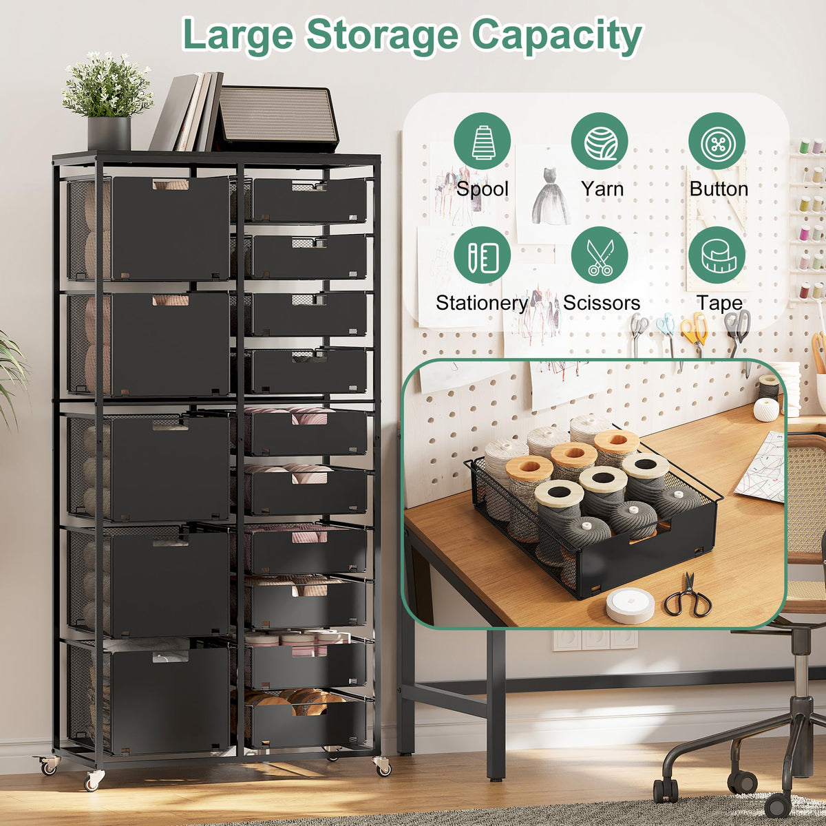EasyPAG Rolling Storage Cart With 15 Drawers, Metal Craft Organizers And Storage Cart With Wood Tabletop, 30 Lbs Capacity Per Drawer For Home Office Classroom And Dorm, Black