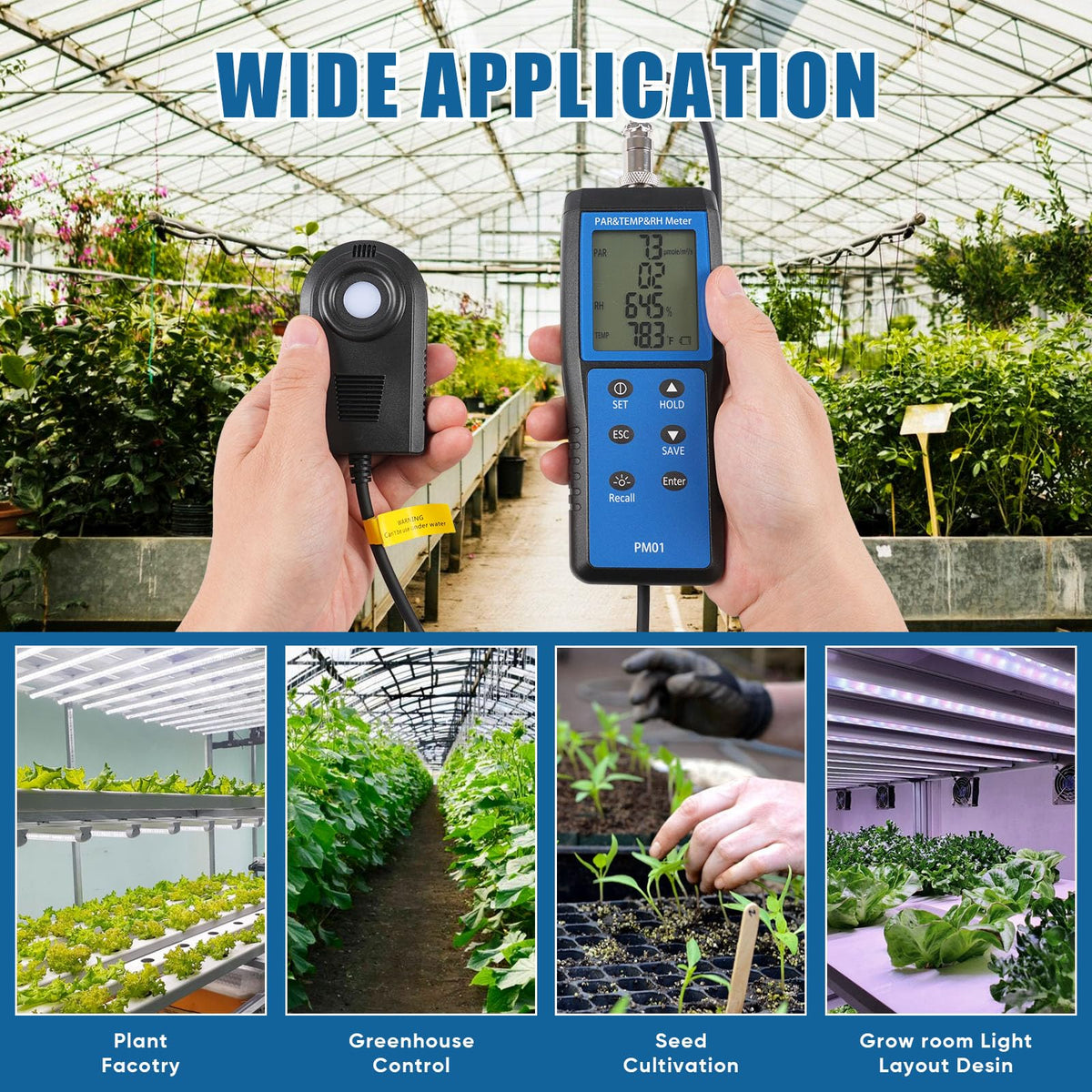Quantum PAR Meter for LED Grow Lights, 400-700nm Wavelengths Range, Temperature and Humidity Display, PPFD Meter with 36 inch Telescopic Wand for Easy Testing in Tent, Room, Greenhouse