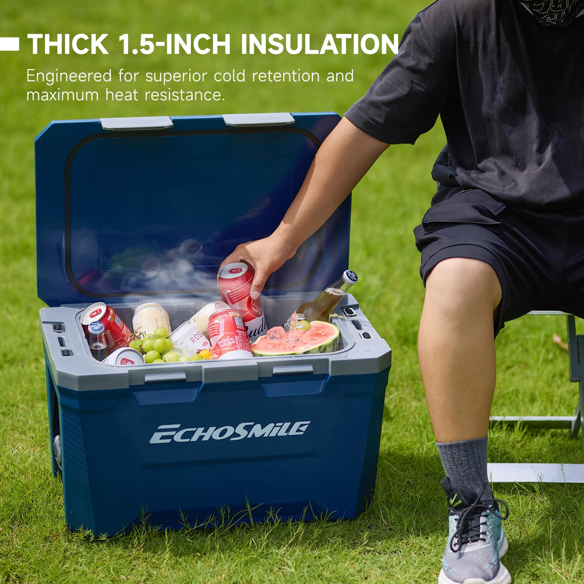 EchoSmile 35 Quart Insulated Cooler, Outdoor Portable Hard Cooler Ice Chest Box w/ 2 Cup Holders, Drain Plug, Bottle Opener, 3-Day Ice Retention for Camping, Beach, and Picnic,Navy