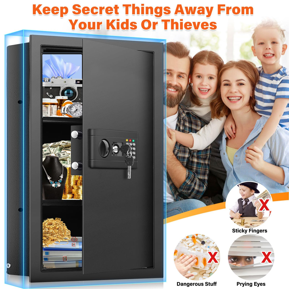 25.6" Tall Fireproof Wall Safes Between the Studs 16" Centers, Hidden Wall Safe with 2 Removable Shelf & Hidden Tray, Heavy Duty Wall Mount Safe for Money, Jewelry, Passport, Valuables