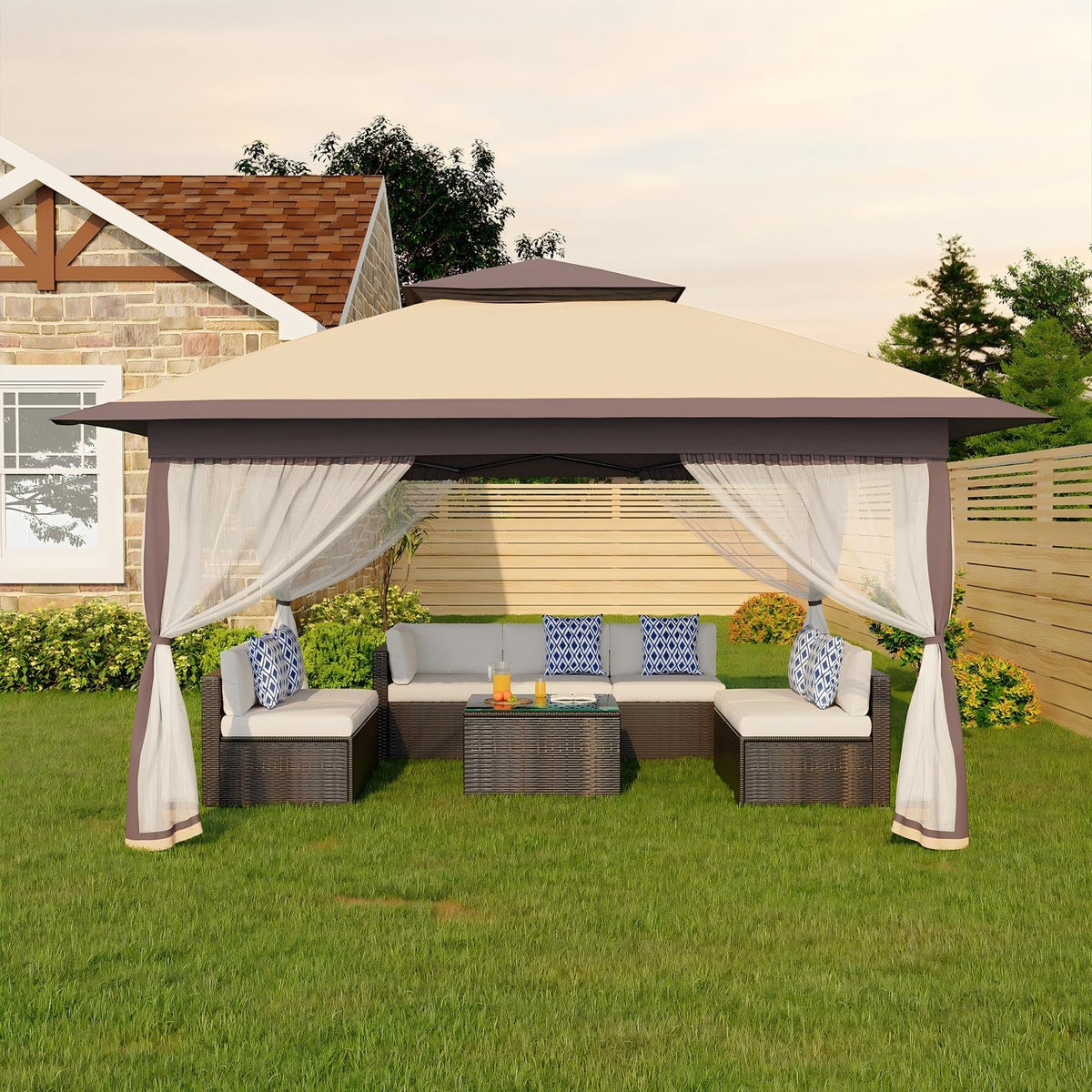 Garvee 12x12FT Pop Up Gazebo with Mosquito Netting, Outdoor Canopy Tent Easy Setup for Backyard Patio Garden Deck, Khaki & Coffee