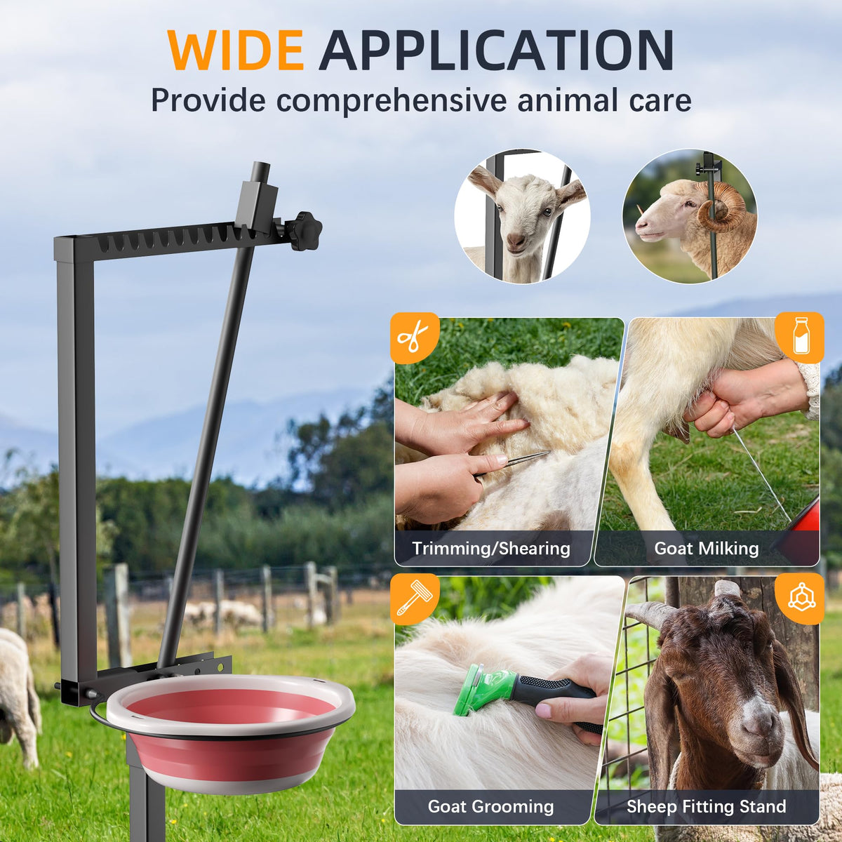 SKONYON Goat Milking Stand With Feeder: Heavy Duty 600lbs Goat Stand | 47x23 Inch Livestock Table With Adjustable Headpiece & Legs | Hoof Trimmers Shearing For Goats & Sheep | Sheep Stand Black