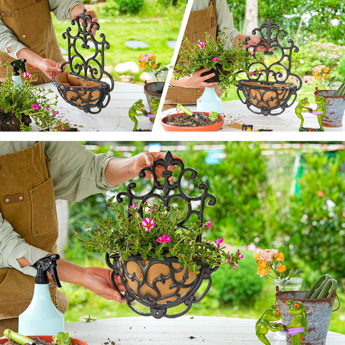 Sungmor 2 Pack Wall Hanging Planter Basket with Fabric Liner, Antique Victoria Style Cast Iron Wall Planter Holder, Outdoor Railing Fence Balcony Metal Hanging Basket Half Round Flower Pots