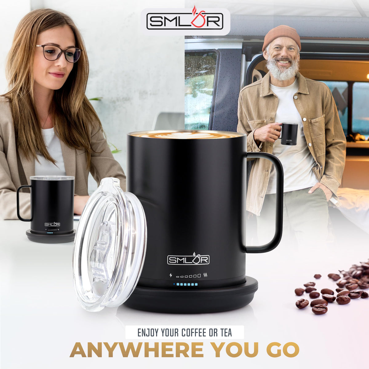SMLDR Pro Heated Mug, 14 oz Smart Coffee Mug, Self-Heating, Adjustable Temperature, Battery Powered, Great for Coffee & Tea, Excellent Gift (Black)