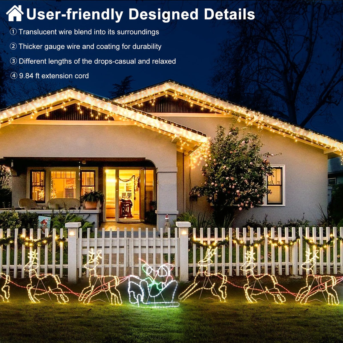 Nielfoi Warm White Christmas Lights Outdoor, 66ft 640 LED Icicle Lights for Outside House with Connectable Clear Wire 8 Modes Timer, Plug in Waterproof for Eaves Yard Party Indoor Holiday Decoration