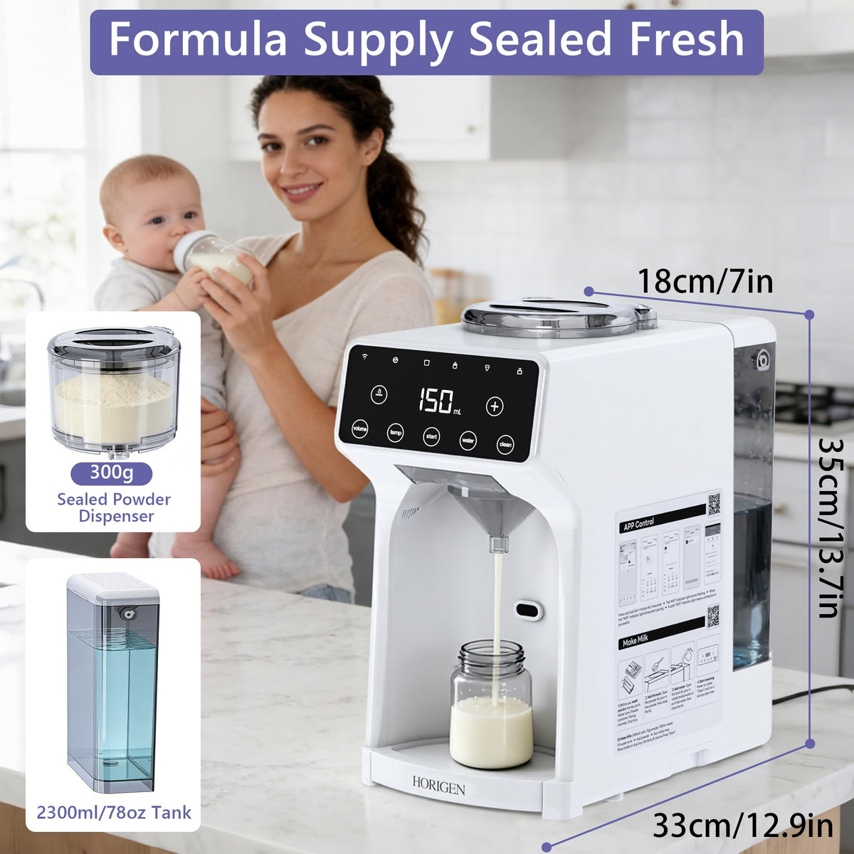 Horigen Smart Baby Formula Maker - Advanced WiFi Bottle Maker Formula Machine with Automatic Mix & Clean, Instant Warm Water, Fast Milk Make with Accurate Dispensing & Temperature Control