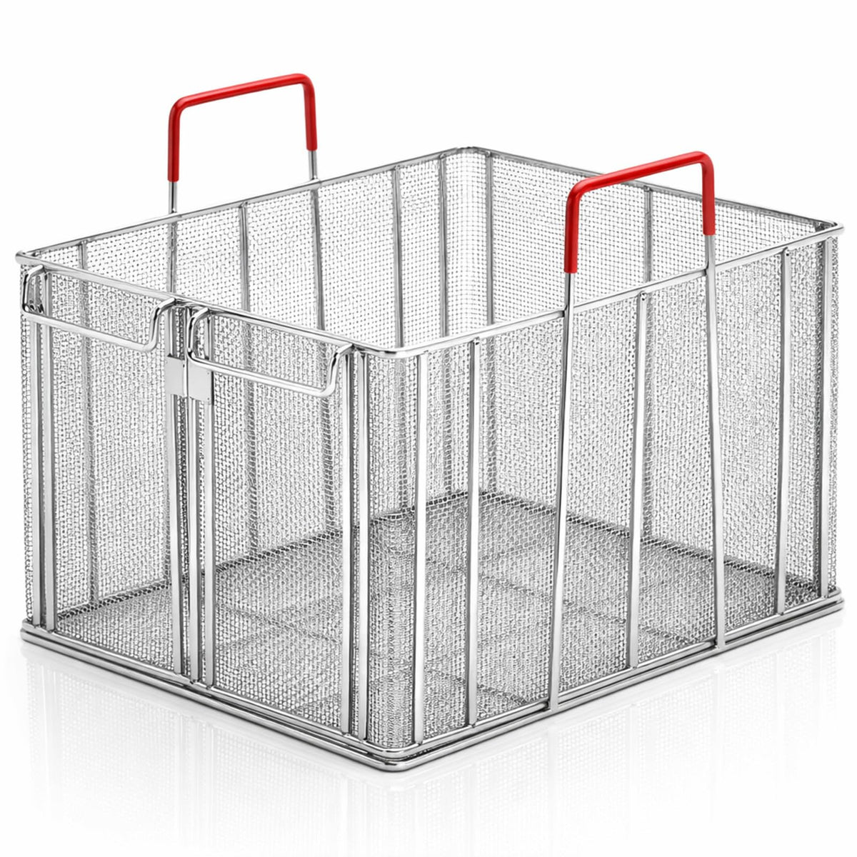 Sawysine Stainless Steel Pasta Basket, 16 Inch Large Rectangle Pasta Boil & Strainer Basket for Kitchen, Commercial Collander with Insulated Red Handle and Drain Hook