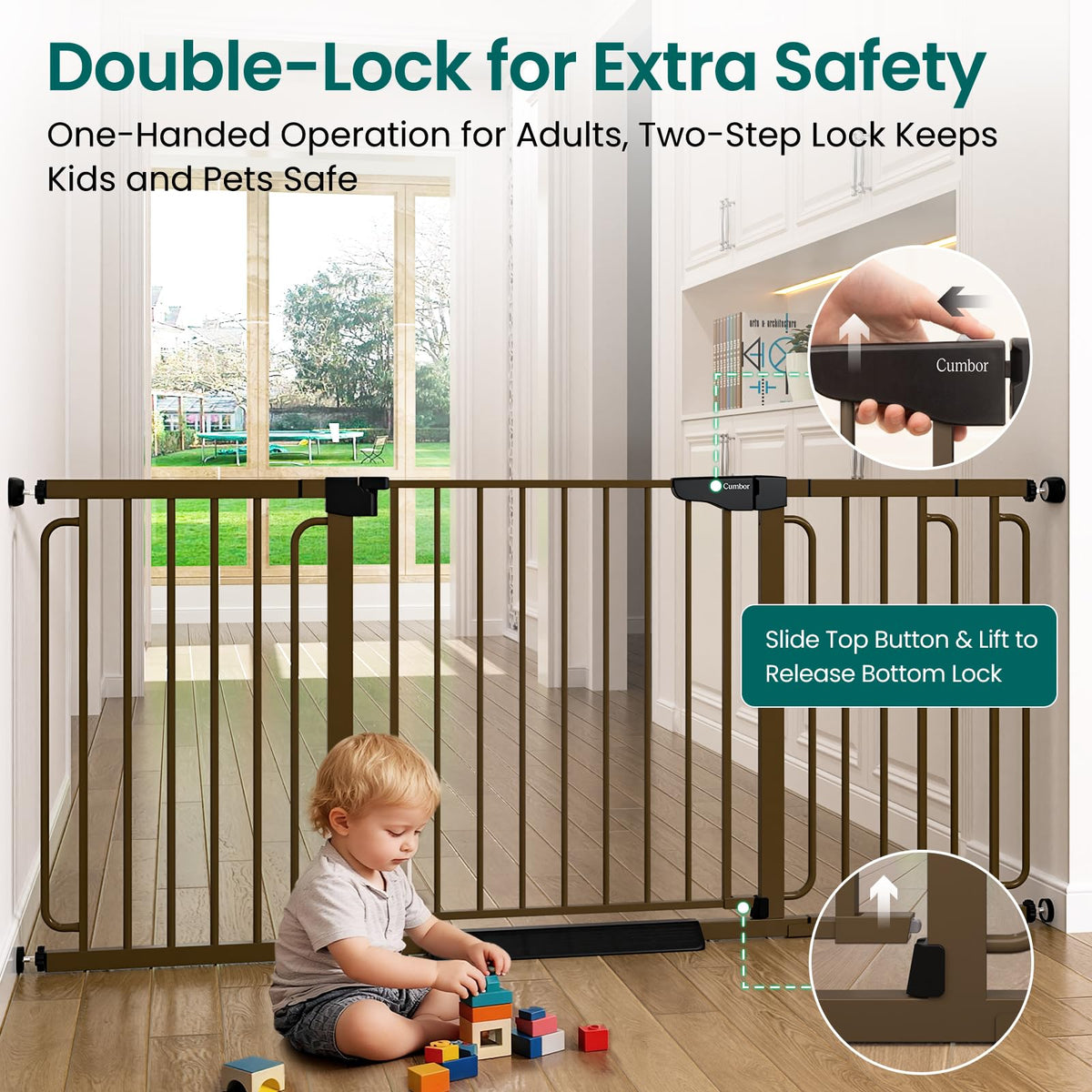 Cumbor Extra Wide Baby Gate, 36.6-69" Walk-Through Dog Gate for Stairs, Doorways & Hallways, 30.5“ Tall, Auto-Close & Dual-Swing Safety Child Gate Indoor, Easy Install Pressure-Mounted Pet Gate, Brown