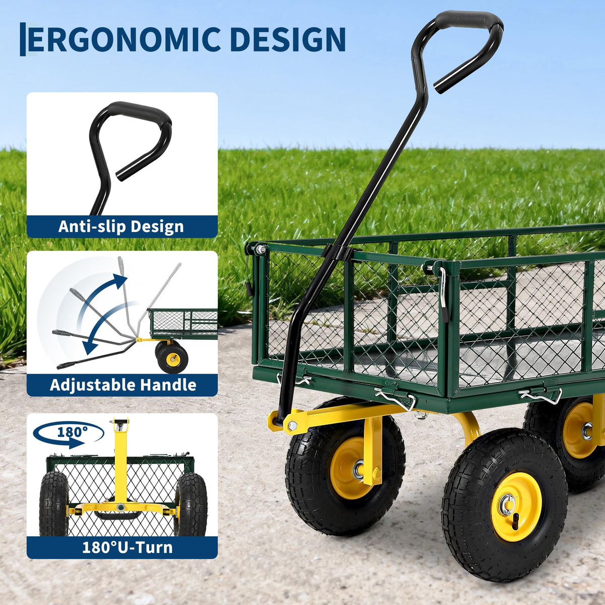 900 Lb Capacity Heavy Duty Steel Garden Cart – 2-in-1 Utility Wagon with Removable Mesh Sides, 10" All-Terrain Tires, Flatbed Conversion, 180° Rotating Handle – Perfect for Lawn, Garden & Backyard