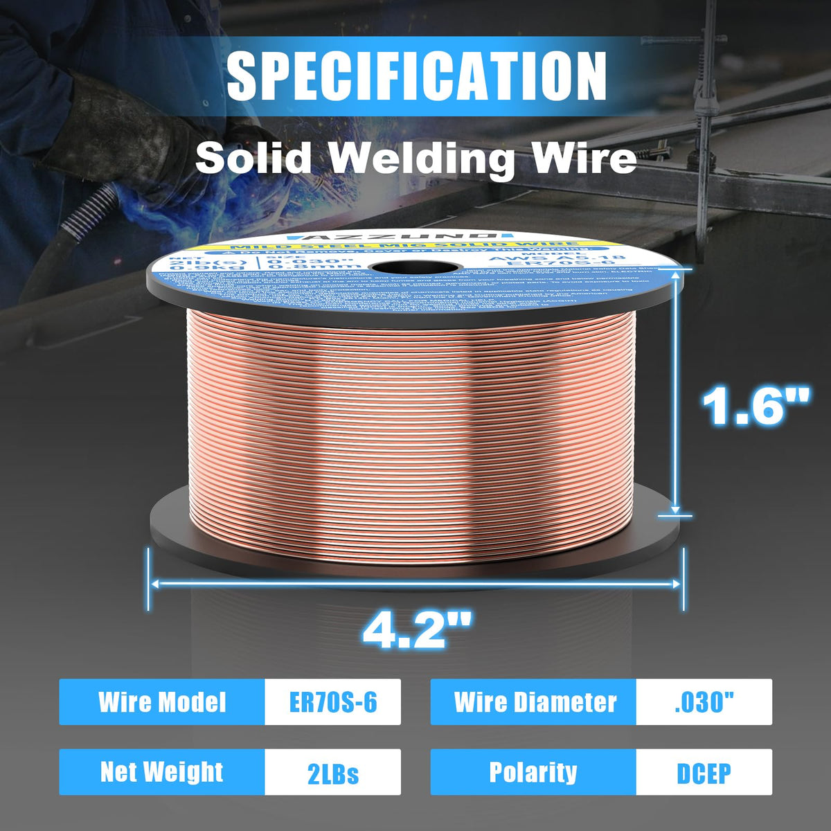 AZZUNO Aluminum 250A MIG Welder & .030" 2LBS Solid MIG Welding Wire, 6 in 1 Gas MIG/Gasless Flux Core/Stick/Lift TIG/Spot Welding/Spool Gun Compatible Welding Machine 110V/220V Large LED Display Multi