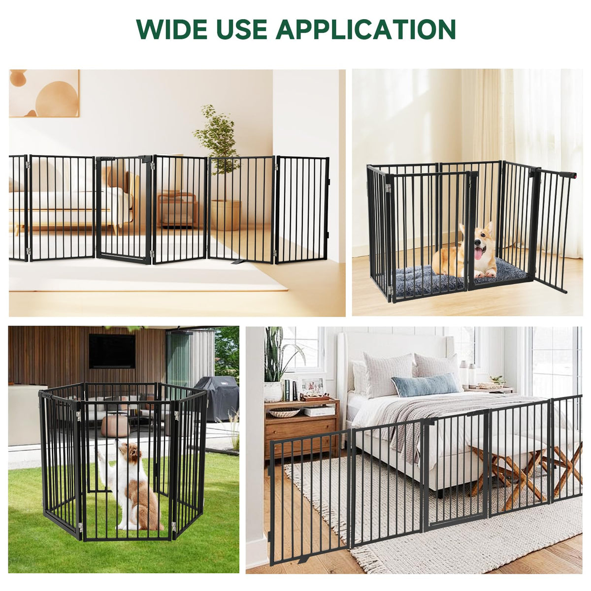 Snagle Paw Full Metal Freestanding Dog Gate with Door, 120” W x 32” H Pet Gate with Support Feet for Doorways, Stairs and Hallways, Portable Dog Fence for Indoor Use (32" 6 Panel, Black)