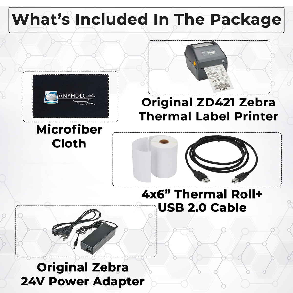 Zebra ZD421 (ZD4A042-D01M00EZ) USB/Bluetooth - Zebra GK420d Replacement, Direct Thermal Label Printer 203 dpi with 4x6 Thermal Roll + Power Adapter + USB 2.0 Cable + Microfiber Cloth Included