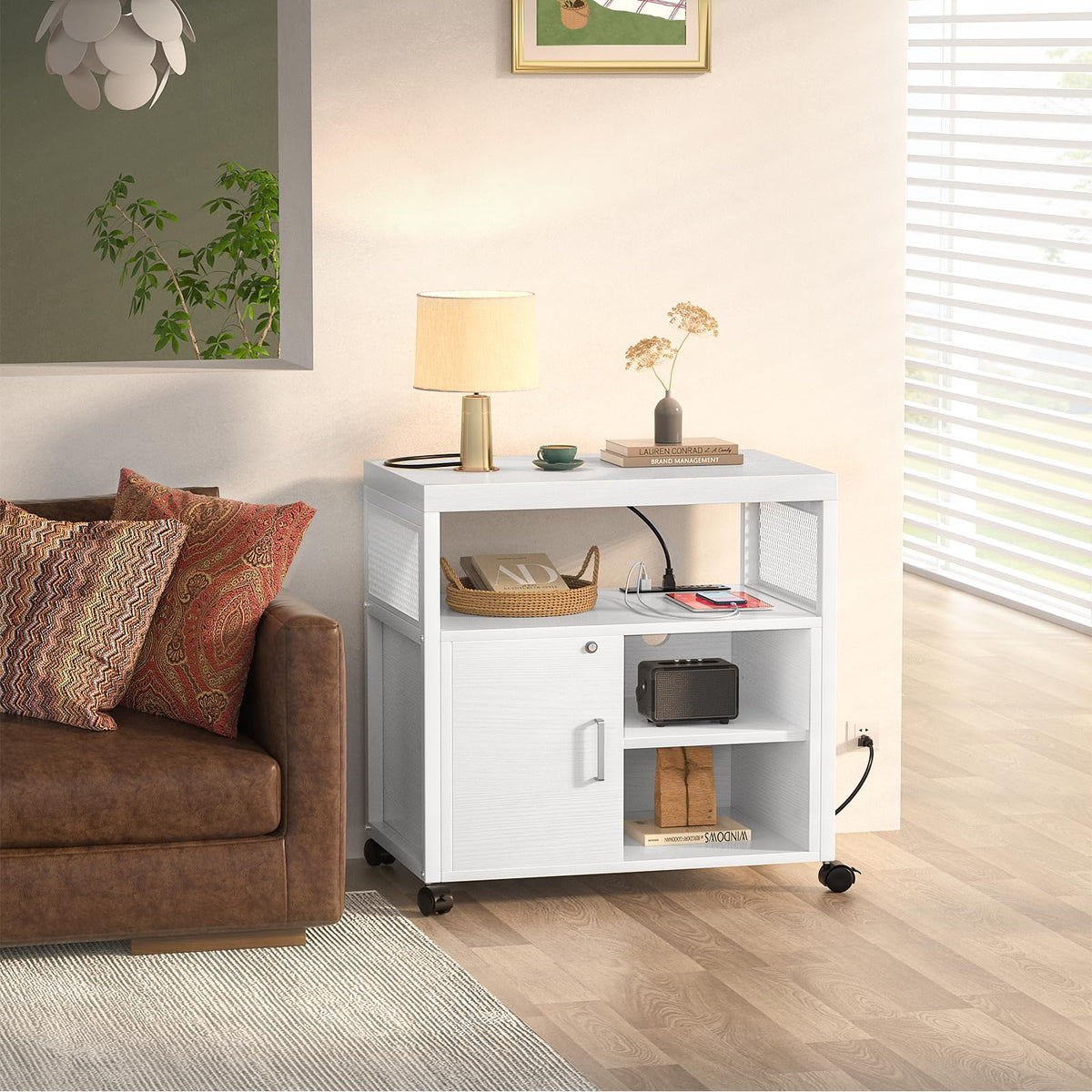 Unikito Rolling File Cabinet Lateral Office Filing Cabinets with Socket and USB Charging Port, Modern Printer Stand on Wheels, Printer Cabinet with Door and Open Storage, Lockable, White
