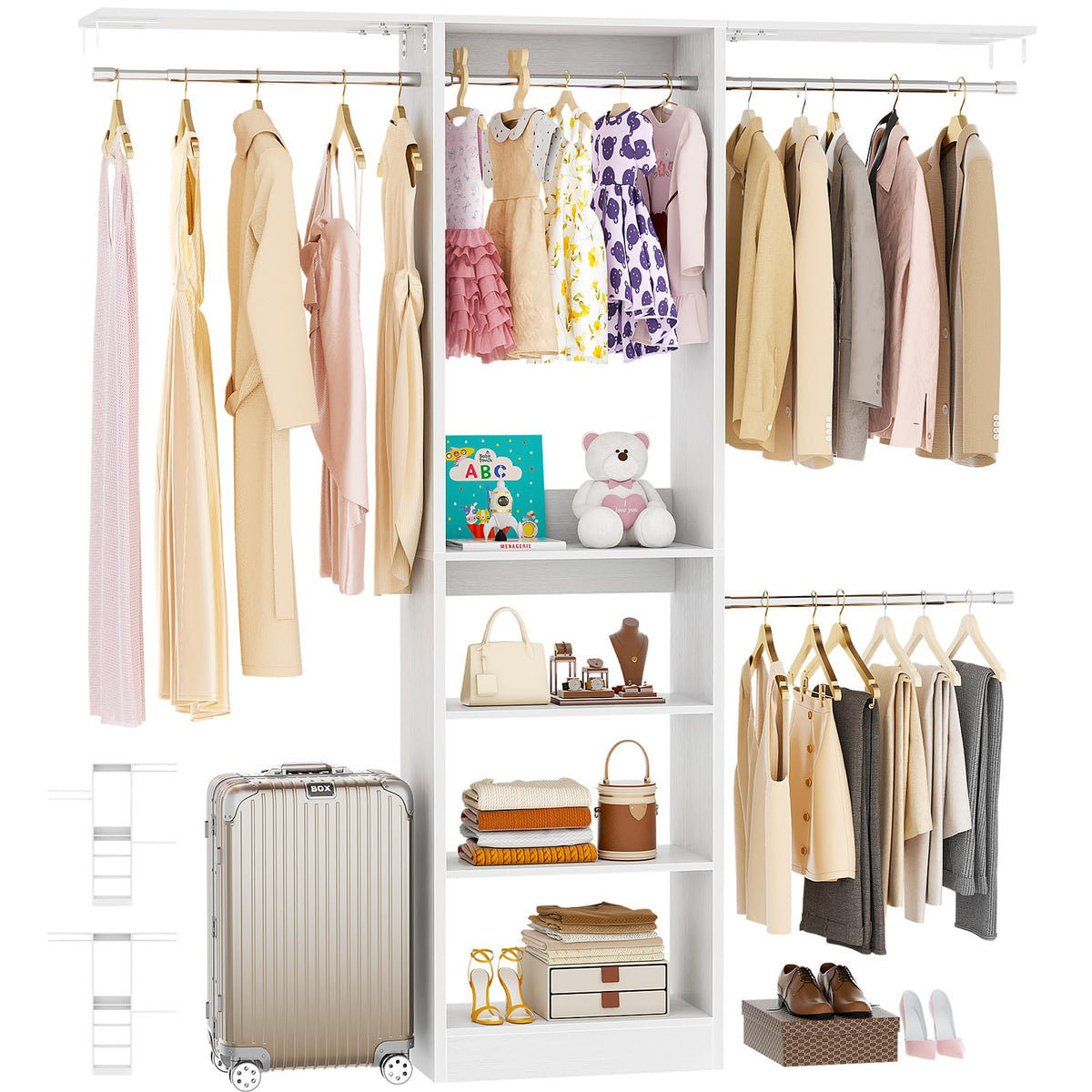 Besiost 48" Closet Organizer System, 4FT Closet System for Small Closets with 4 Hanging Rods & 3 Shelves, 80"H Small Closet Organizers and Storage for Bedrooms, Cloakrooms, White