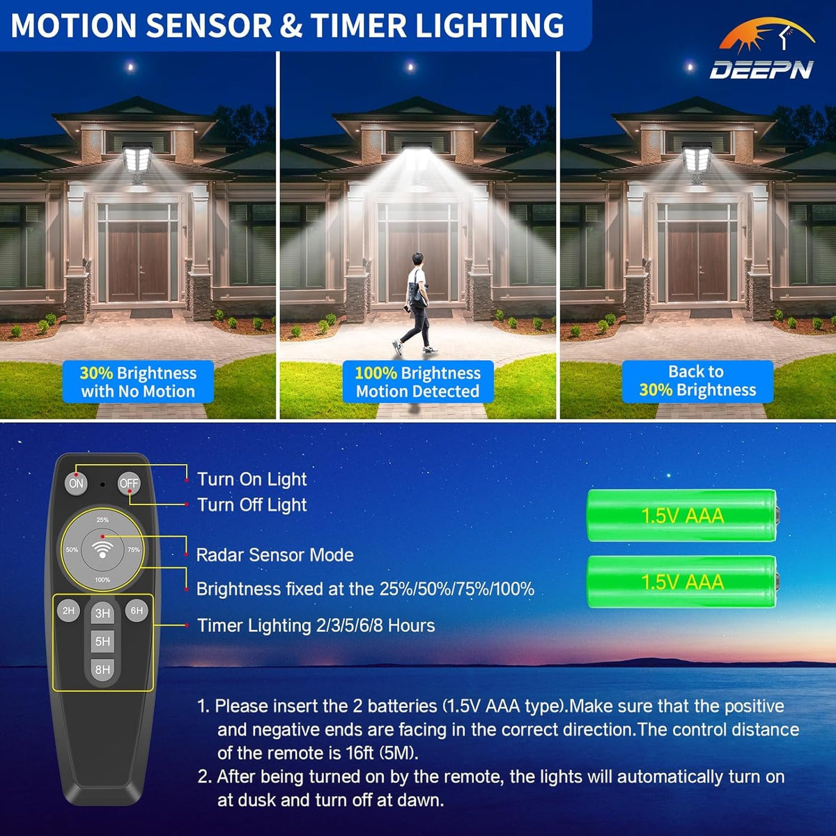 Deepn Solar Lights Outdoor, 7000W Solar Street Lights Outdoor with Motion Sensor, IP66 Waterproof Street Area Security Lights with Remote, Dusk to Dawn Solar Flood Lights for Garage Outside, 3 Pack