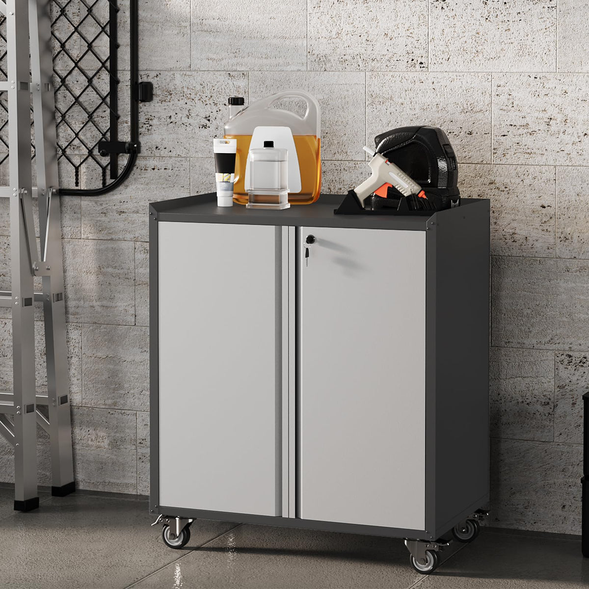 ExploreHorizon 35.43" High Heavy Duty Garage Storage Cabinet, Locking Metal Cabinet with Door, Rolling Tools Chest Cart Adjustable Shelf, Tool Cabinets for Home Office Workshop