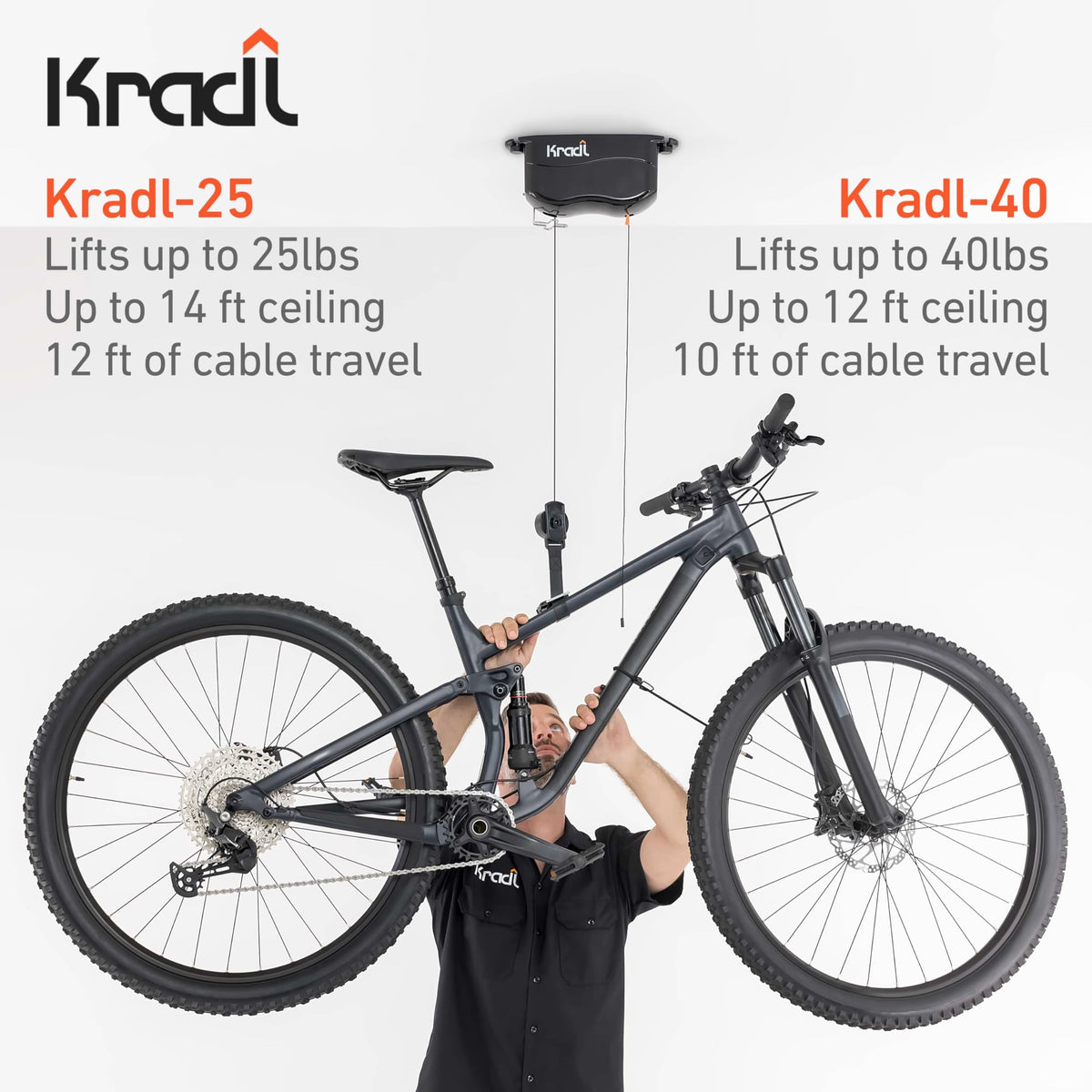 Kradl - Ceiling Mount Bike Lift and Rack. Bicycle Storage Hoist Without Electricity, Clumsy Ropes or Pulleys. 25 Pound Capacity.