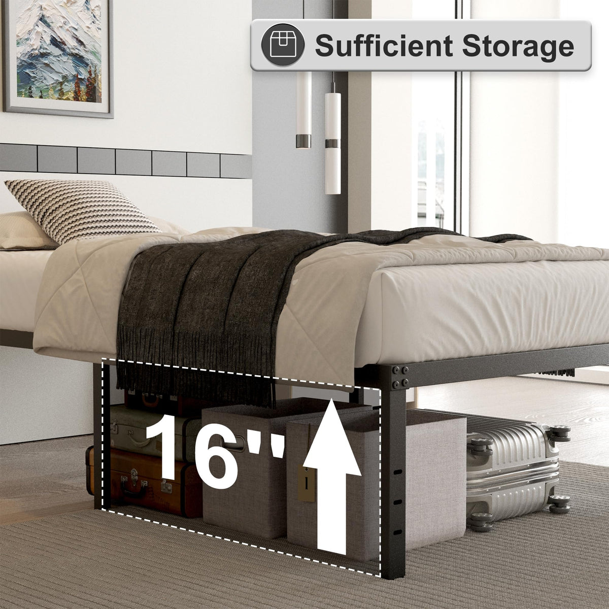 Cieemine 18 Inch Full Size Bed Frame with Black Bed Cover, Metal Bed Frame Full Size No Box Spring Needed, Heavy Duty Mattress Foundation, Easy Assembly, Noise Free