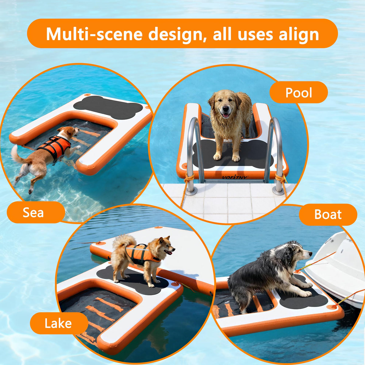 VOFiTNY Dog Boat Ramp Dock for Pool Inflatable Puppy Water Raft Plank Portable Pup Mat Floating Doggy Floats Ladder Play Bright Orange up to 240lbs