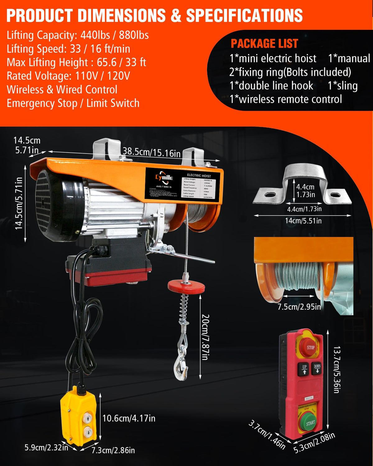 880 lbs Electric Hoist, 2 in 1 Wireless/Wired Remote Control, 110V/120V Electric Hoist Winch, 16ft/33 ft/min Speed, 65.6 ft Height for Garage, Attic, Warehouse, Factory, Construction Site