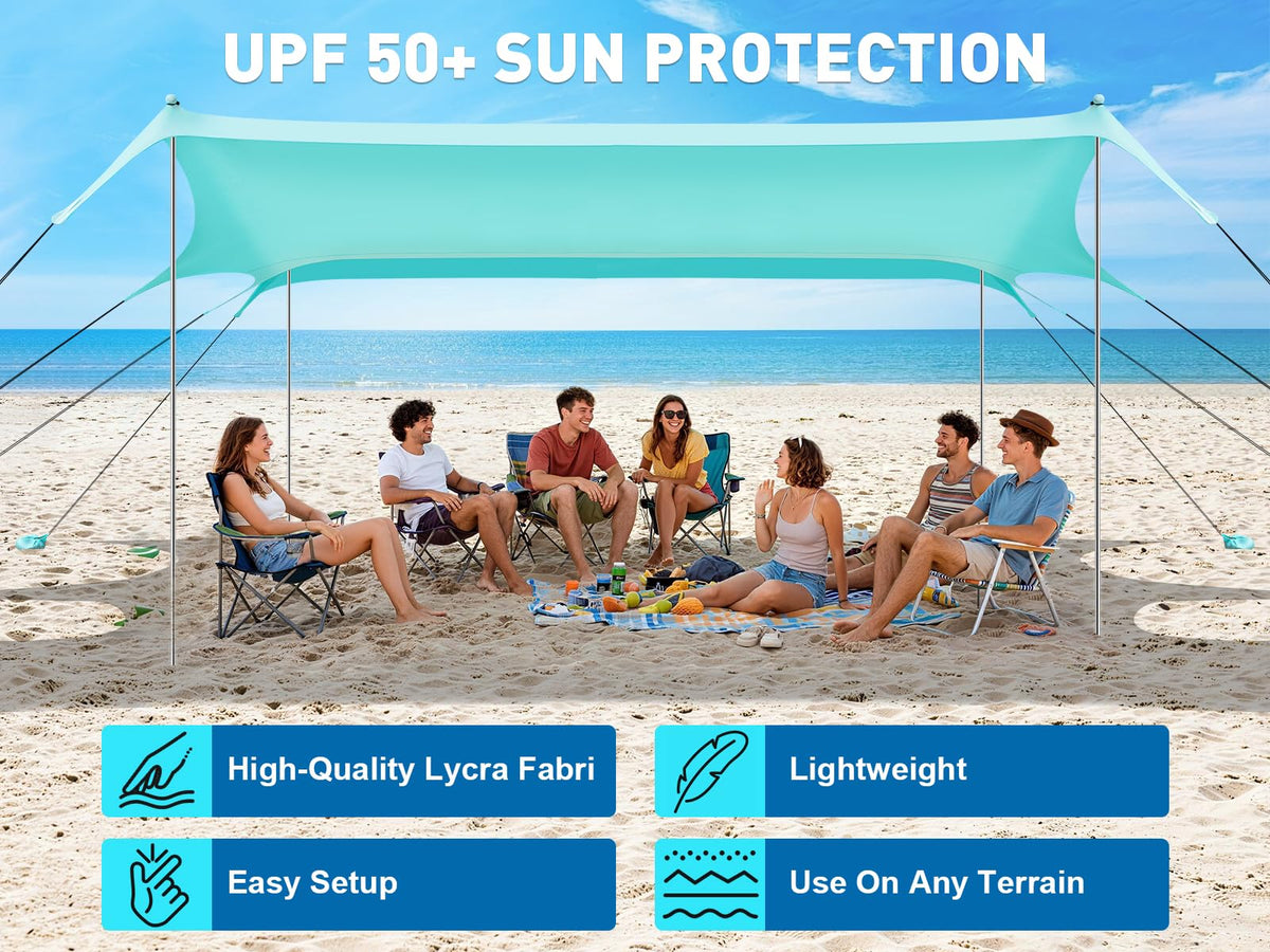 Beach Tent Sun Shelter 14 x 11FT, UPF50+ Protection Beach Shade Canopy with 8 Sandbags, Sand Shovel, Ground Pegs & Stability Poles, Beach Canopy for Camping, Fishing, Picnics, Trips