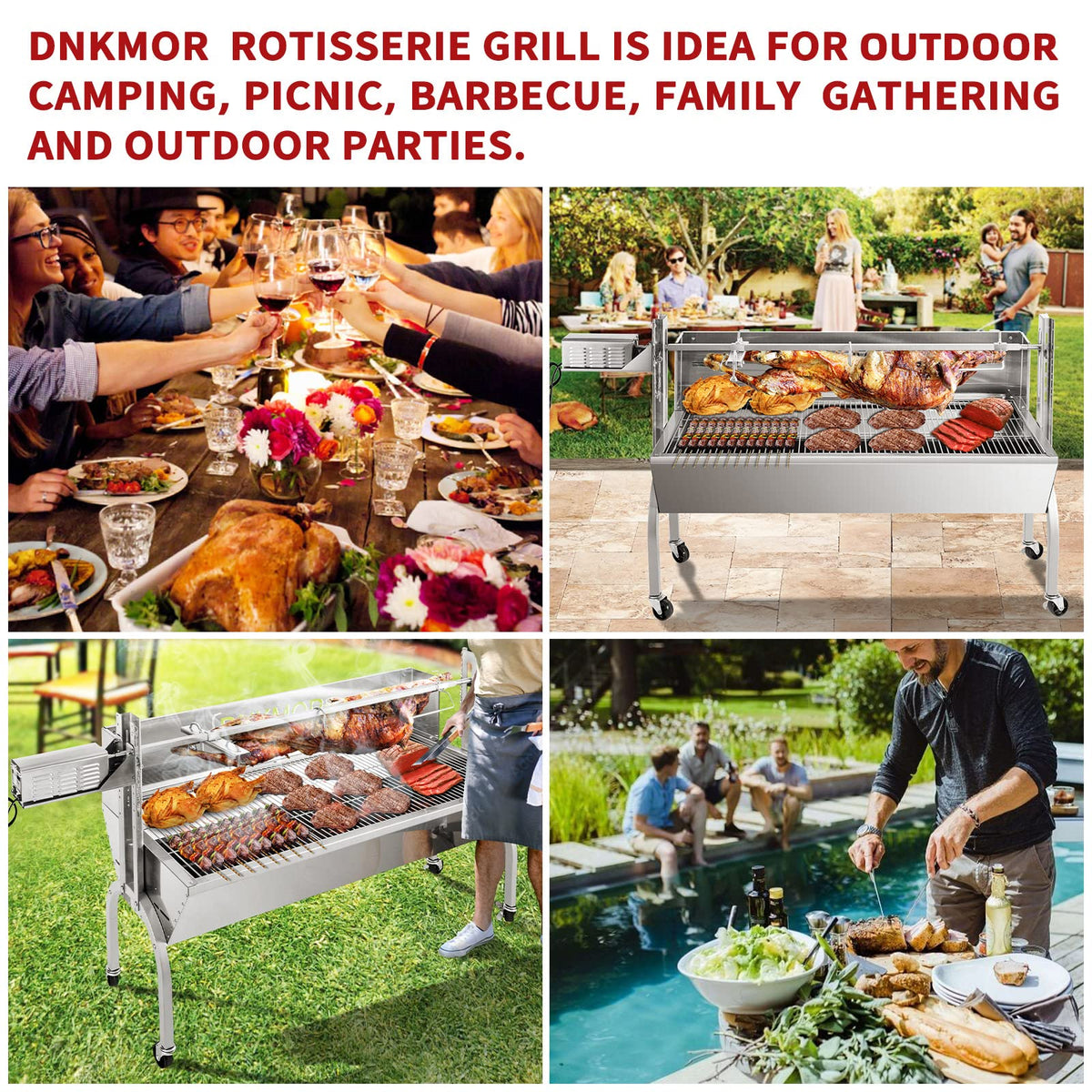 Rotisserie Grill Stainless Steel Charcoal Spit Roaster, 50" Pig Lamb Hooded Roaster Charcoal Spit with 30W Motor & Adjustable Height Lockable Casters for Outdoor Camping Party, Rated 150 LB