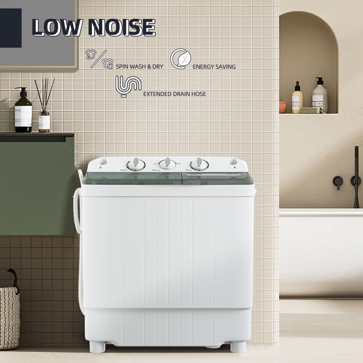 Elevon Portable Washing Machine Twin Tub 9.9 Lbs Capacity, (7.7 Lbs) and Spinner(2.2 Lbs) Combo Mini Compact Laundry Washer for Home, Apartment, Camping, RVs and Dorms, Black/White
