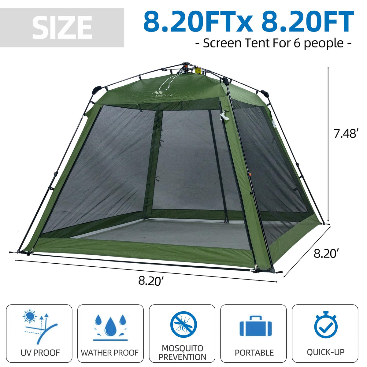 Pop Up Screen House Gazebo 8.2'x8.2'x75'' – Instant Portable Canopy with Mosquito Netting & UPF Sun Protection, Tool-Free 60s Setup, Foldable Outdoor Tent for Backyard, Camping, Park,Olive Green