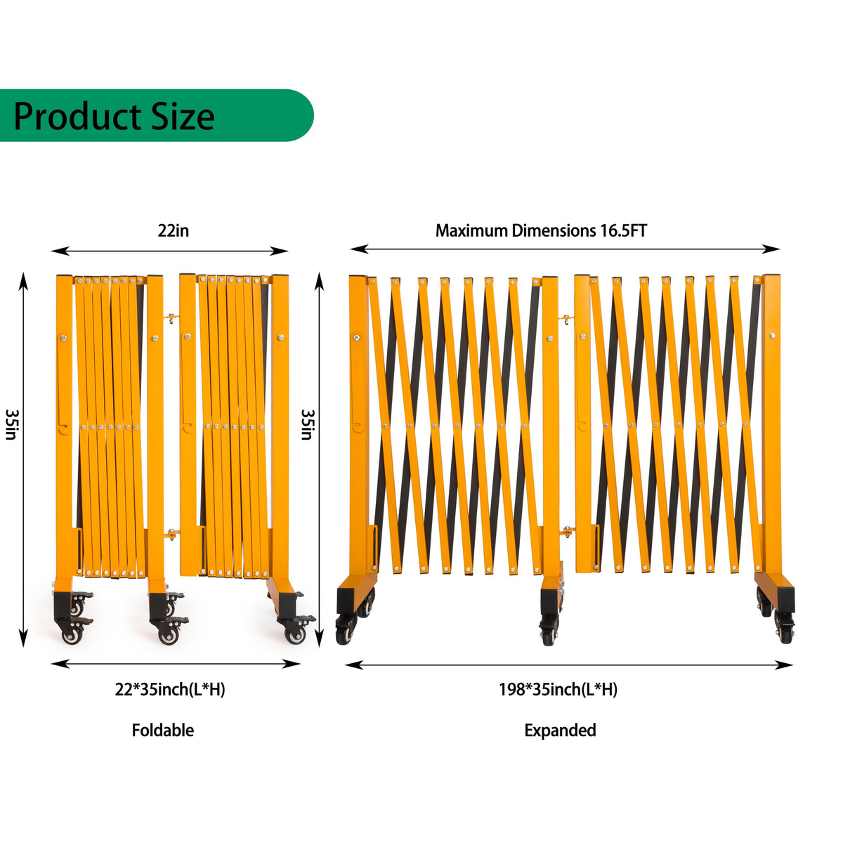LTSEAME 16.5FT Expandable Barricade Gate, Expandable Metal Barricade Gate Alloy Fence and 270 Degrees Direction Adjustment with Wheels, for Industrial or Residential Use (Yellow, 16.5FT)