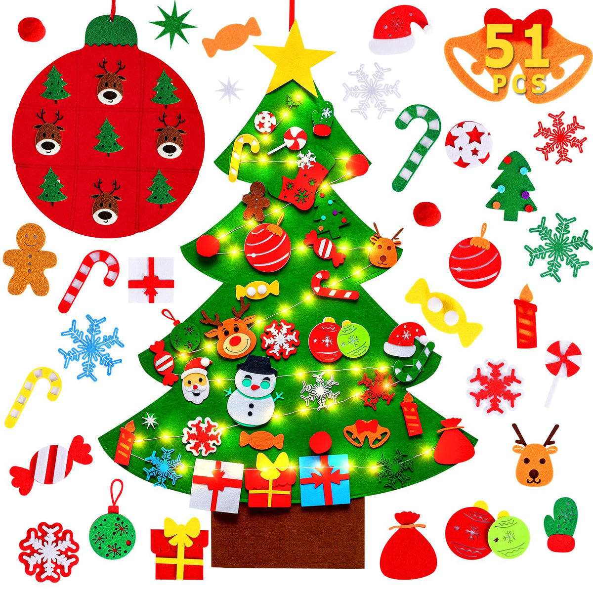 Max Fun DIY Felt Christmas Tree for Toddlers with 49 Christmas Ornaments + Tic-Tac-Toe Games for Kids Wall Hanging Christmas Decorations Felt Craft Kits for Xmas Party Favors