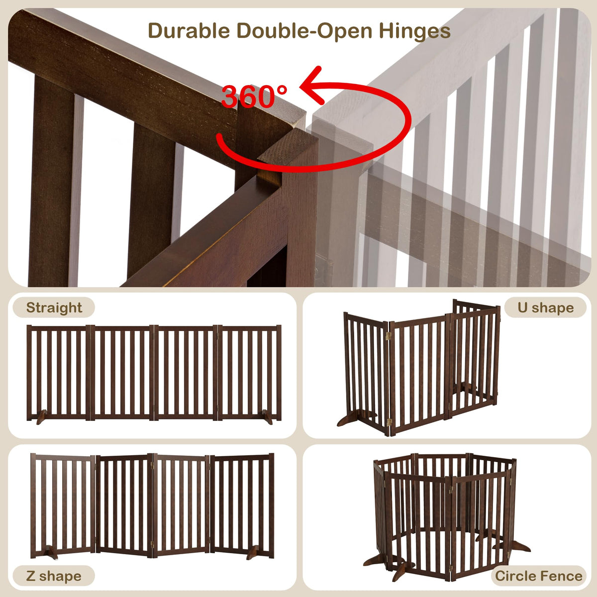 30" Height Tall Freestanding Pet Gate, Solid Wood Folding Safety Fence Wooden Dog Gate with 2 PCs Support Feet Ideal for Stairs, Doorways, Halls, Kitchens, Heavy Duty Gates, 4 Panels, Walnut