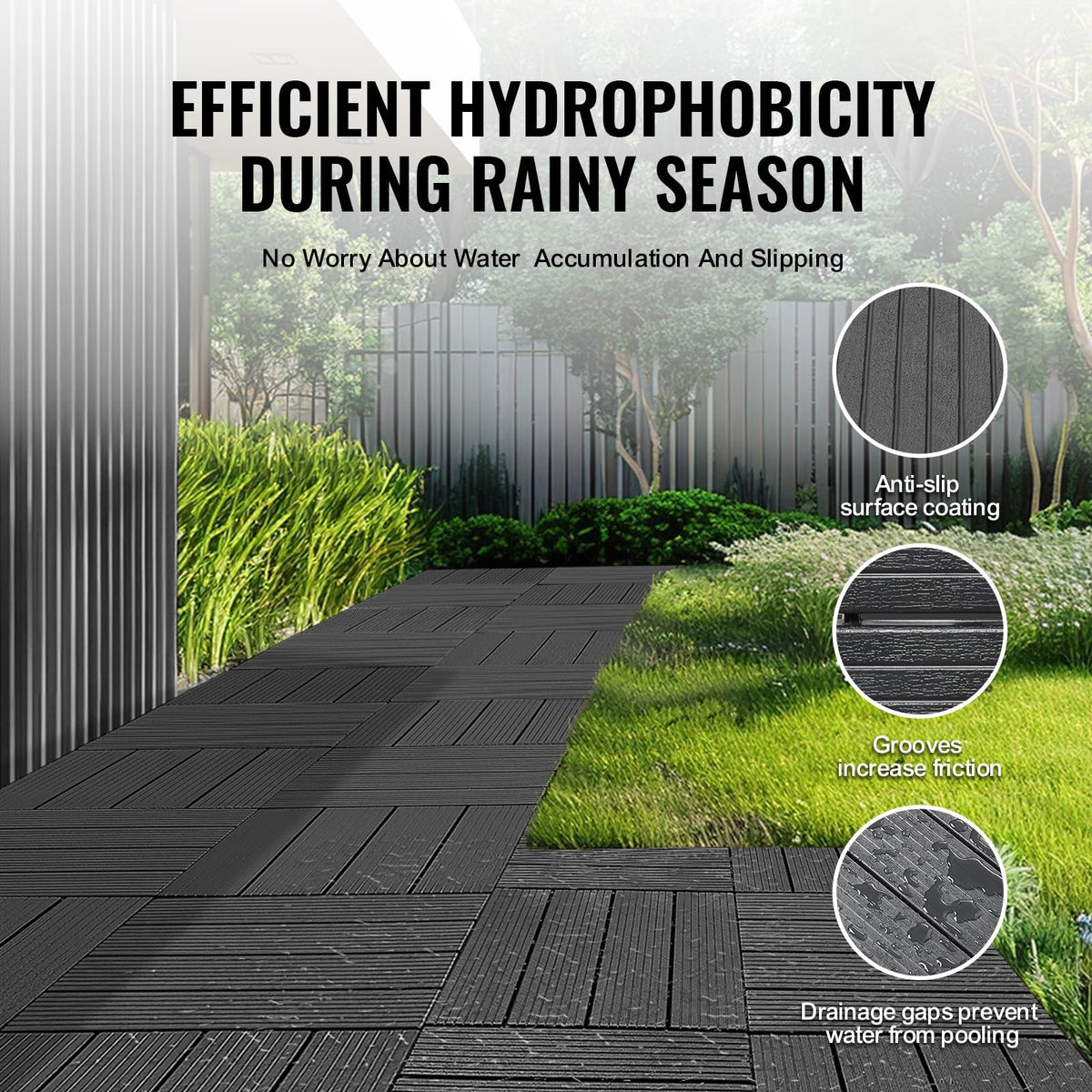 VEVOR 54 sq. ft Plastic Interlocking Deck Tiles, 54 Pack,12"x12" Waterproof Non-Slip Outdoor Flooring All Weather Use, Patio Floor Decking Tiles for Porch Poolside Balcony Backyard, Dark Grey