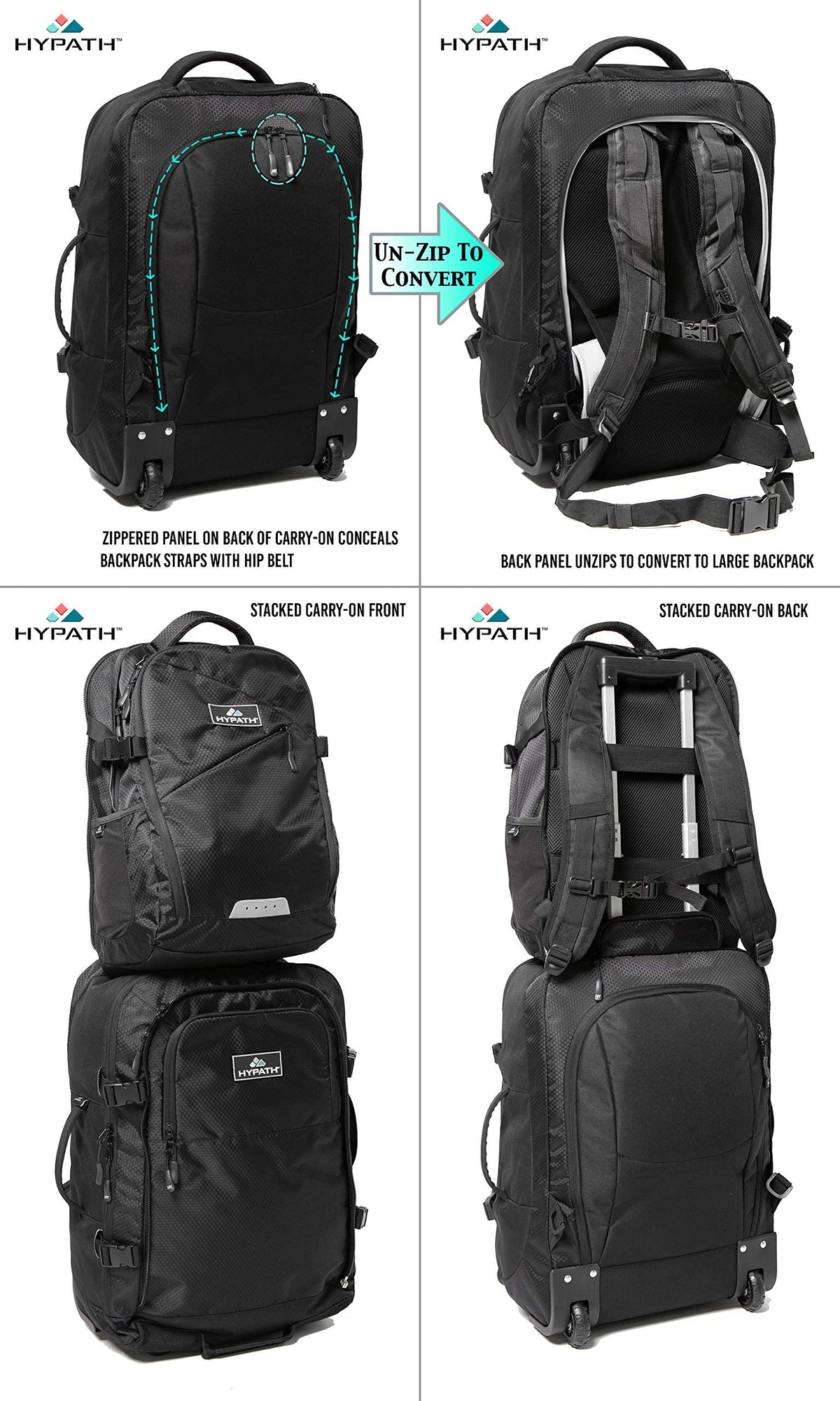 Hypath 2-in-1 Convertible Travel Bag - Use as Backpack with Wheels, Wheeled Carry On, or Stacked Rolling Luggage - Comes with Detachable Daypack - New Upgrades Here